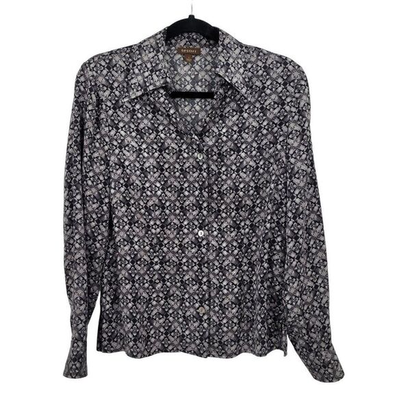 Tresori Silk Blouse Long Sleeve Spread Dagger Collar Button Up S Gray Retro 70s - Picture 1 of 12